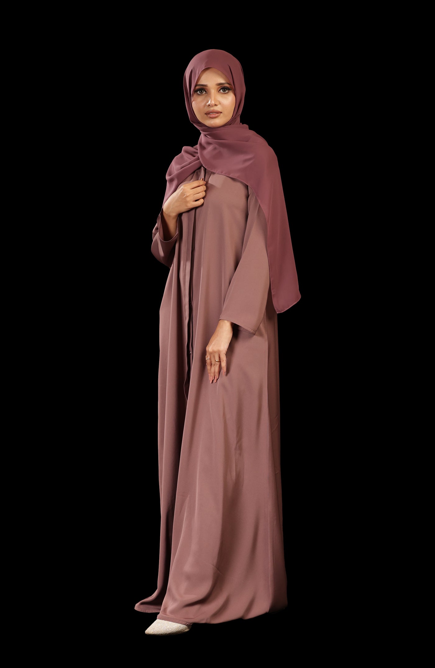 beautiful open front abaya in mocha color