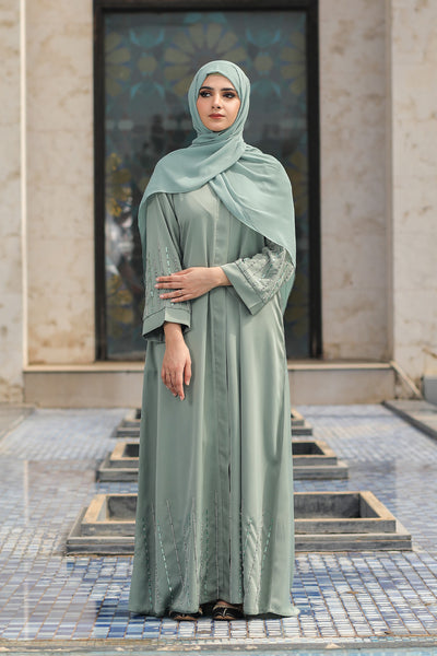 Beautiful front open mint gown maxi with hand-worked stone & pearl sleeves 