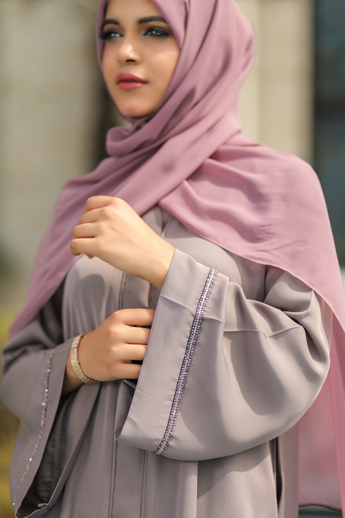front open abaya in lilac colours