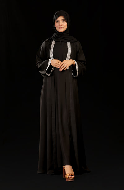 black abaya with embroidery on neckline and bottom sleeves