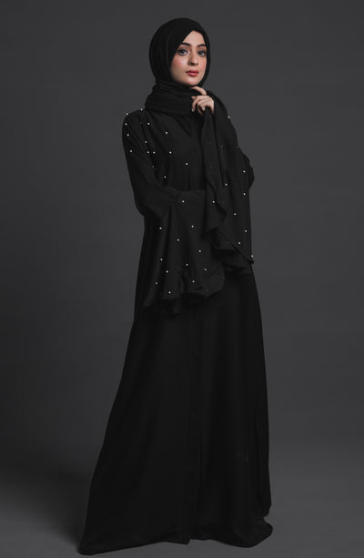 pearl embellished black abaya by Malbus