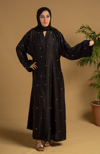 black open front abaya in nida fabric
