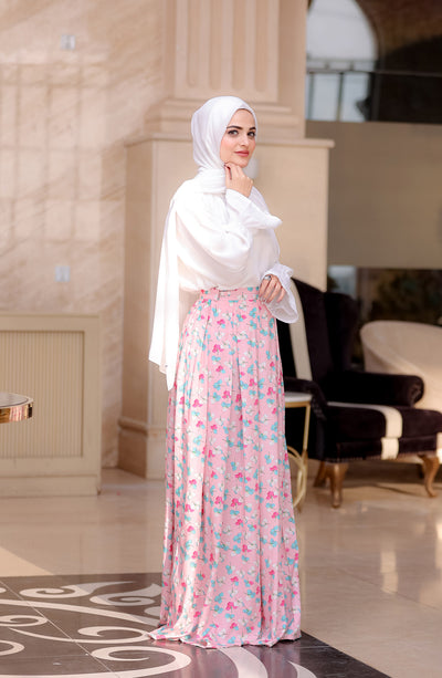 pink long floral skirt with white top & hijab