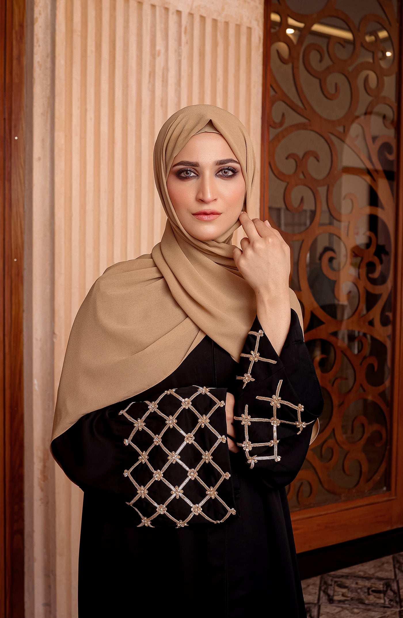 black abaya with stunning pearl & zari work sleeve embellishments