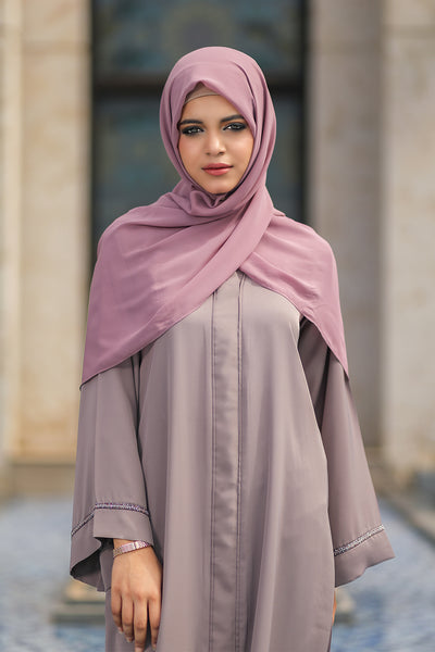 front open lilac abaya with precious stones on the edge of the sleeves