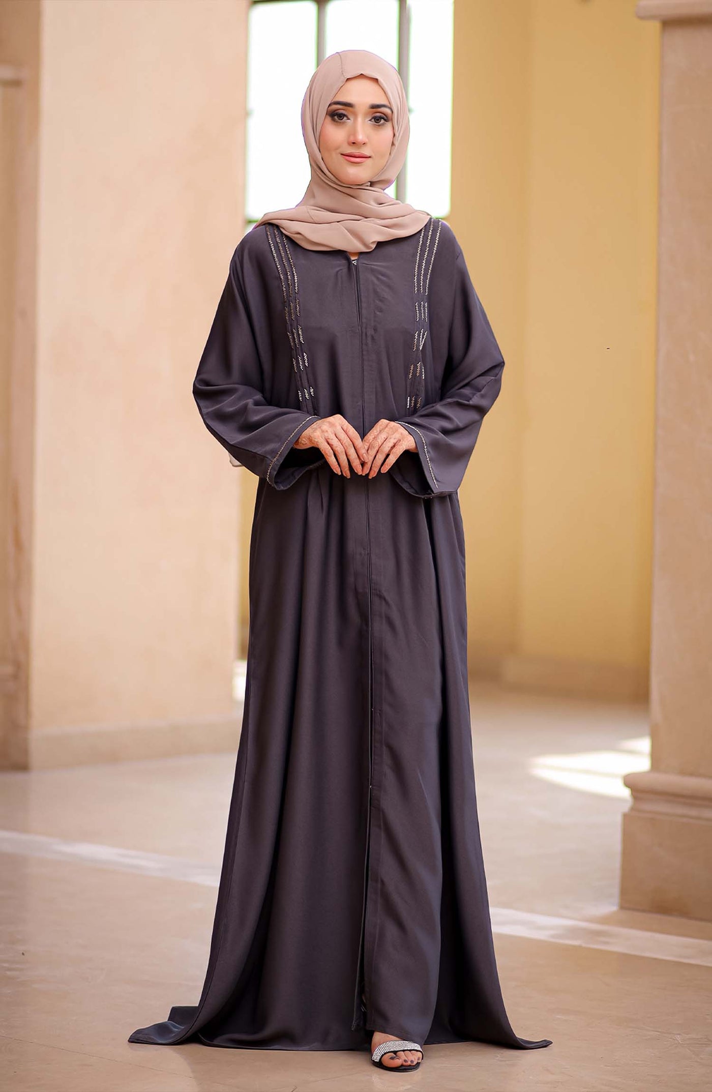 Front Open Dark Grey Embellished Abaya