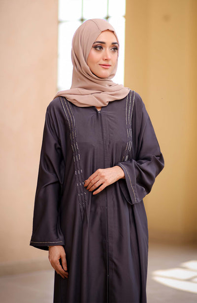 dark grey embellished abaya in front open design