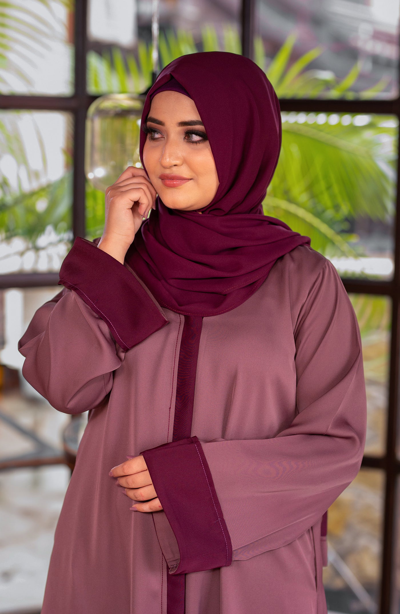 mauve abaya with front and sleeves flap