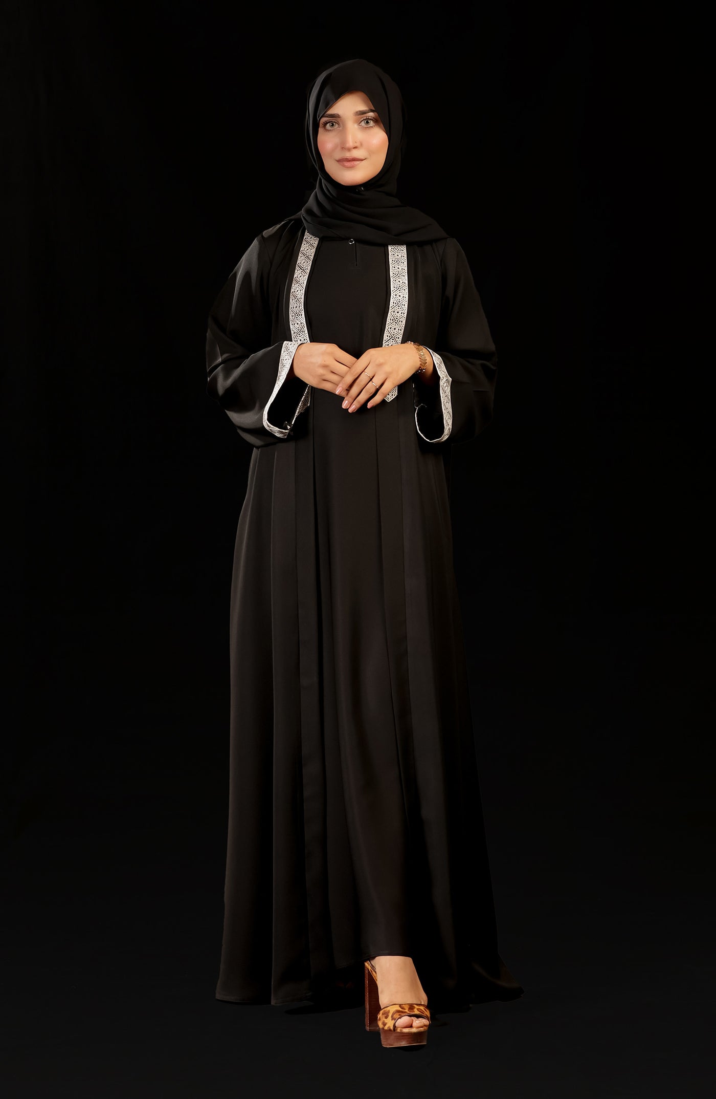 black open abaya with embroidery on neckline and bottom sleeves