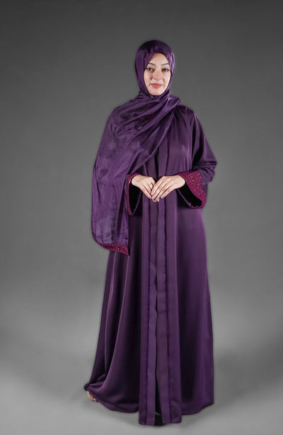 puple colour kimono abaya with embroidered sleeves