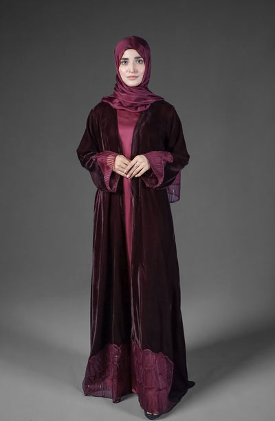 Velvet Maroon Kimono With Embroidered Organza