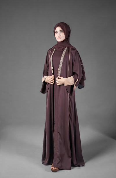 front open brown embroidered kimono abaya 