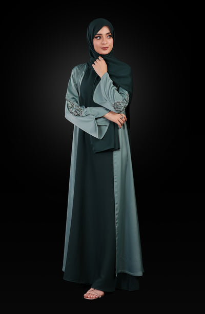 mint embellished kimono abaya in front open design