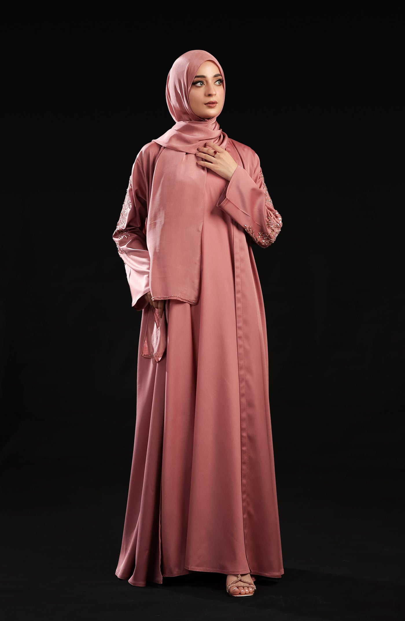 tea pink lonk kimono with embellished sleeves