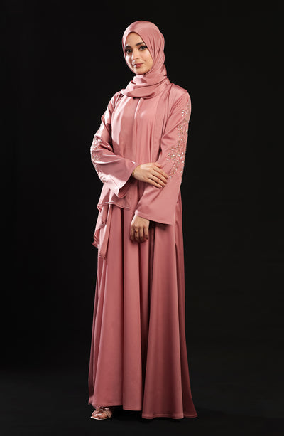 tea pink full length front open kimono with embellished sleeves
