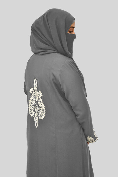 grey color abaya with embroidery on back side