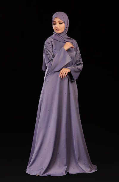 lavender embellished abaya in front closed design