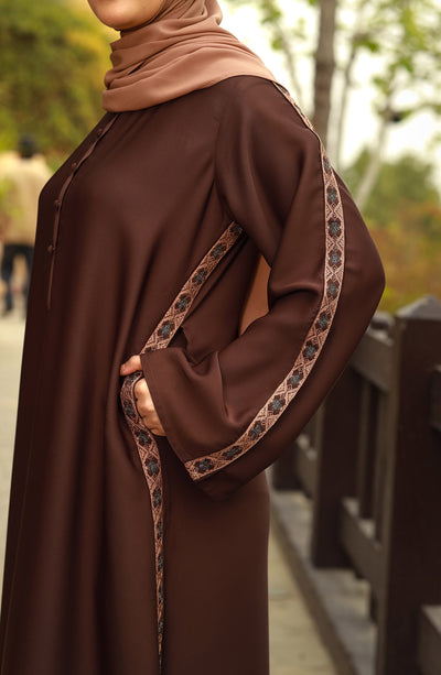 stylish brown embroidered abaya with side pockets