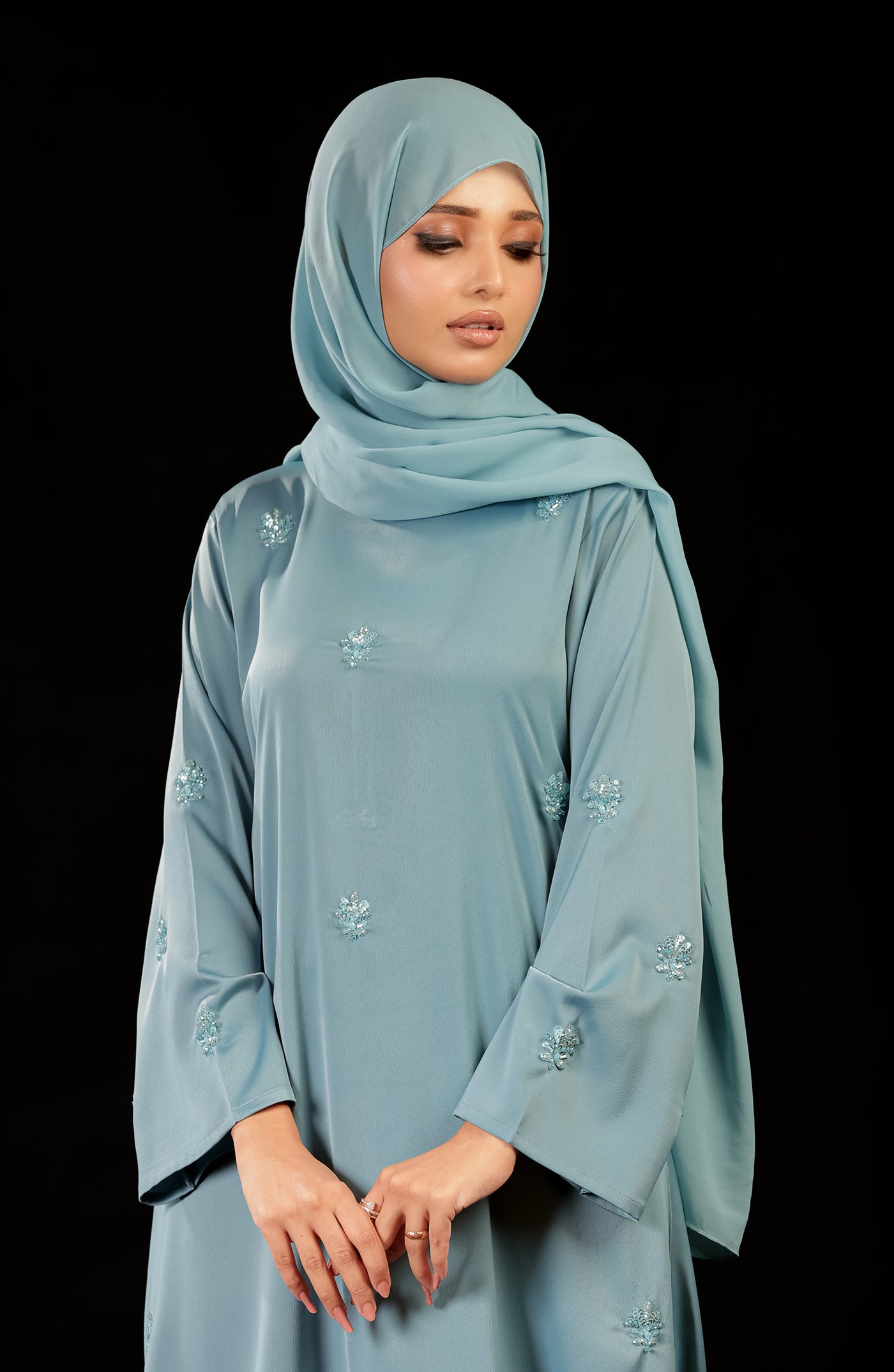 beautiful sky blue embellished abaya 