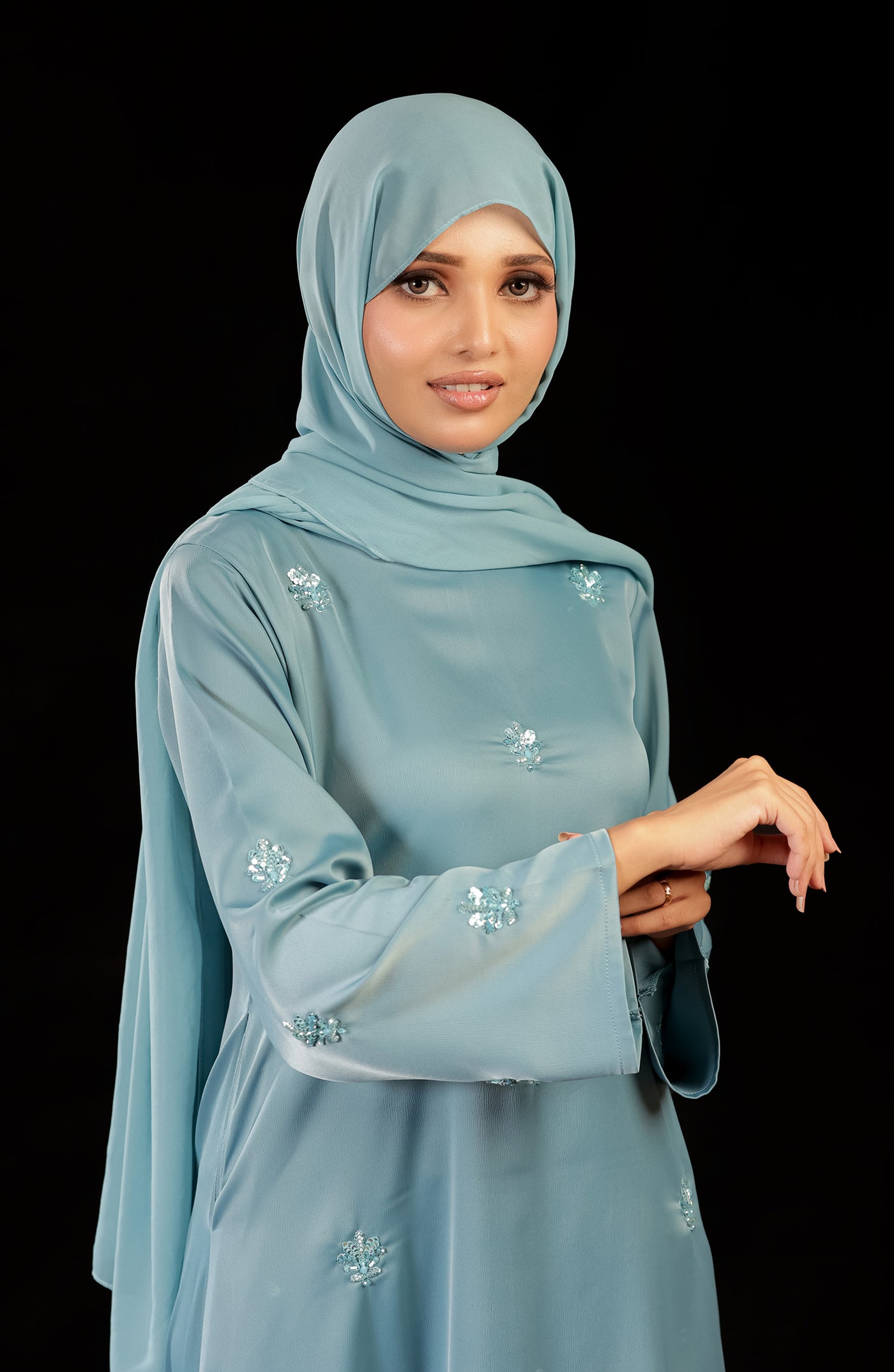hand embellished abaya in sky blue color