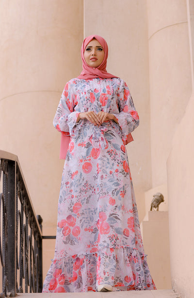 belted white floral long maxi dress with pink hijab