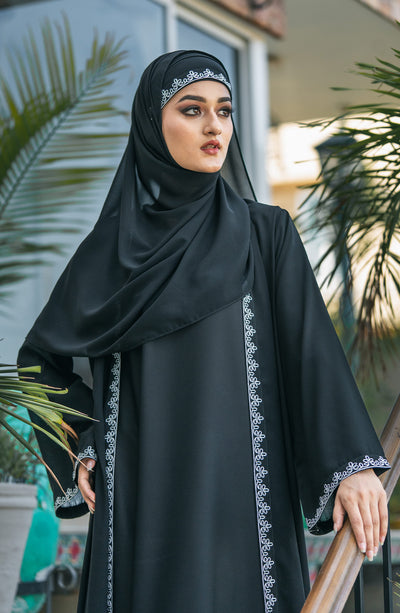 women with black embroidered kimono abaya & Hijab