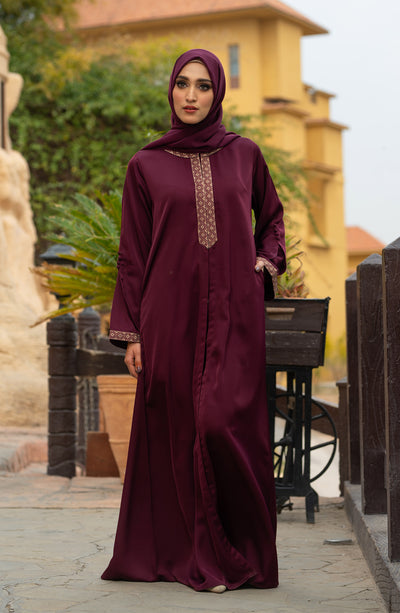 beautiful plum embroidered abaya