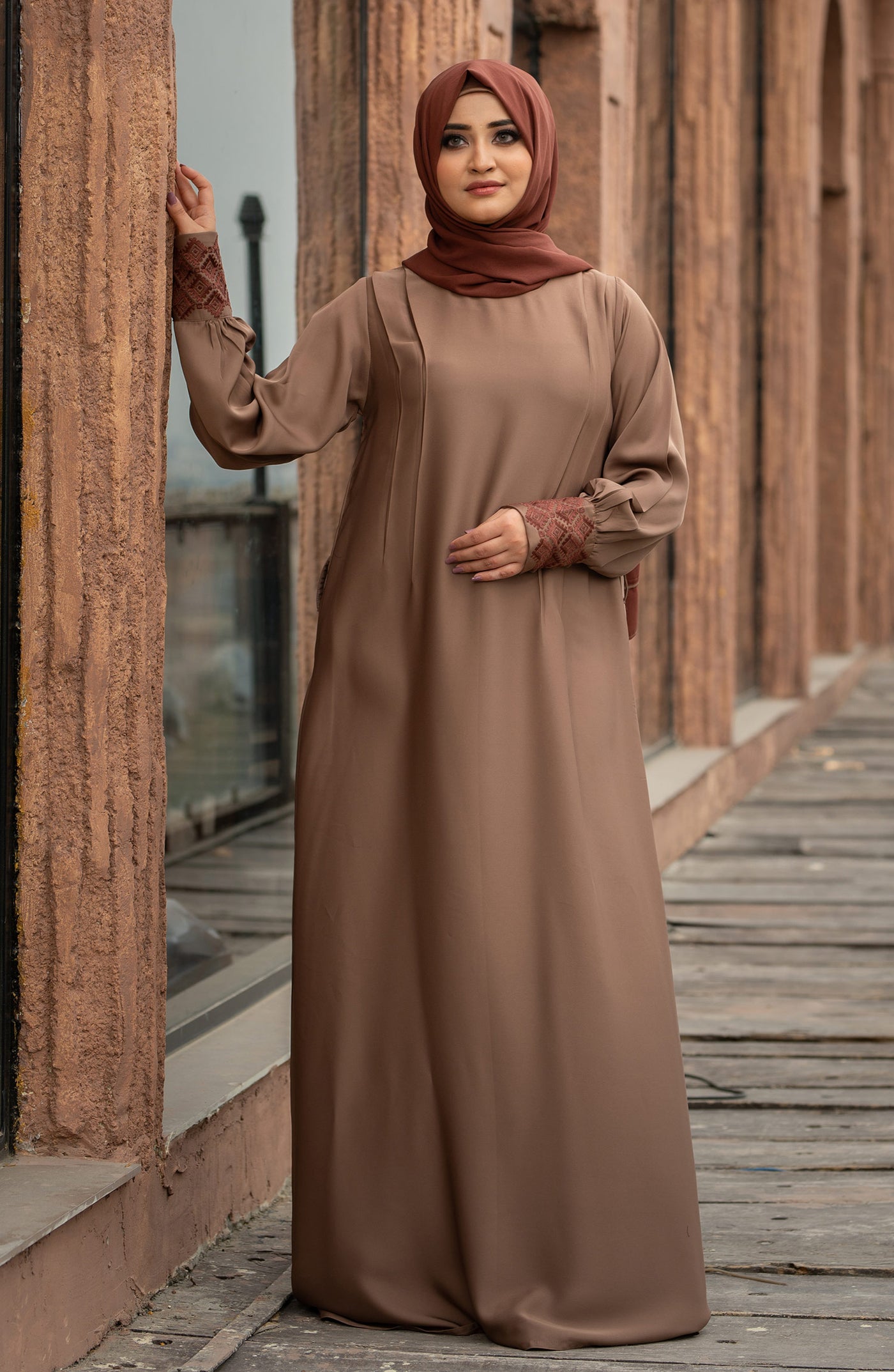 beige embroidered abaya for women