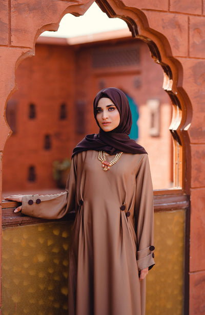 beige pleated closed abaya