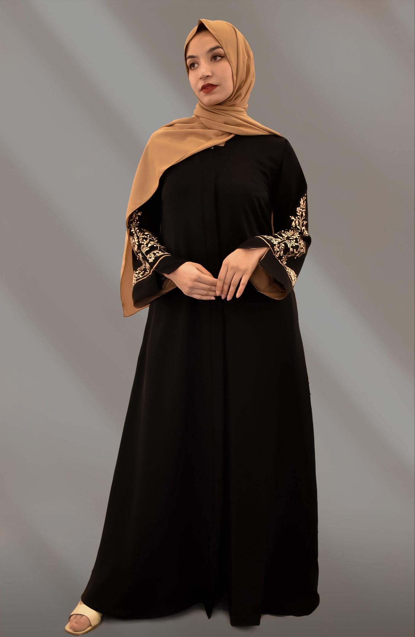 black abaya with caramel embroidered sleeves