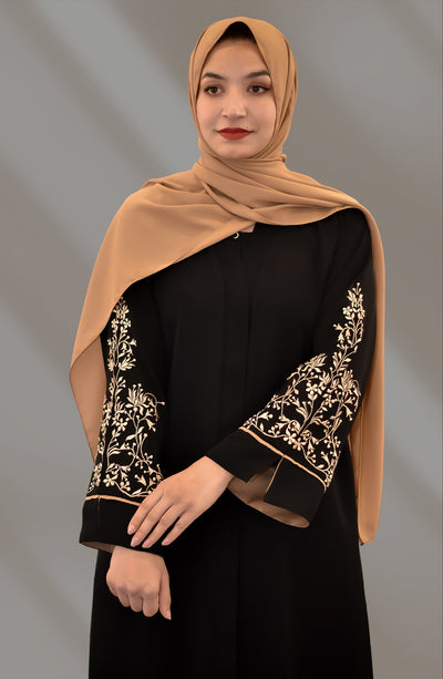 black abaya with caramel color embroidery