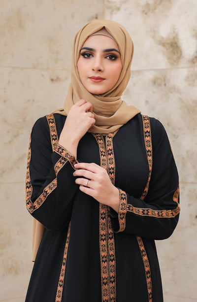 black front closed abaya in embroidered design