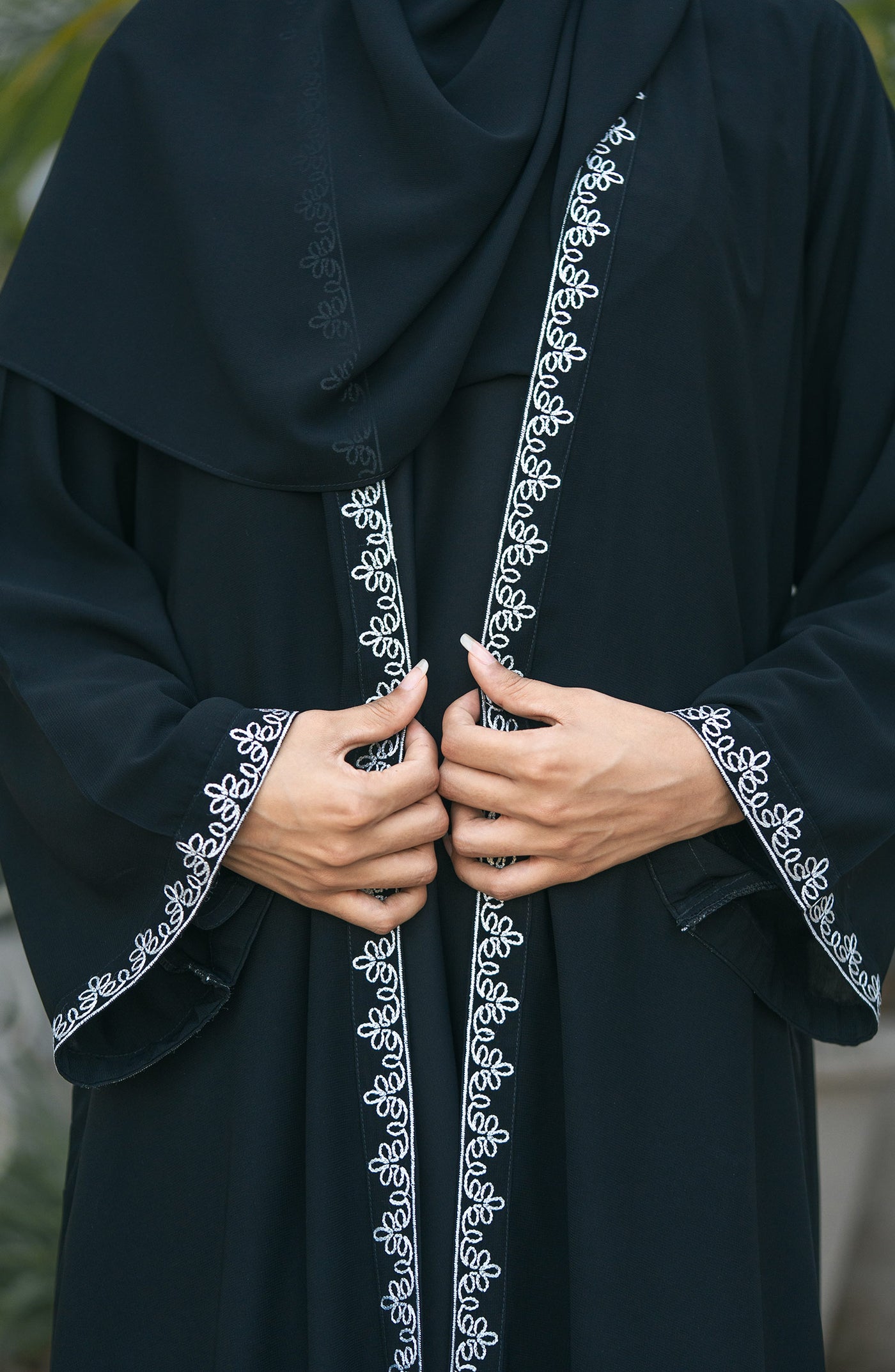 Black Kimono Abaya with embroidery at center front and sleeves