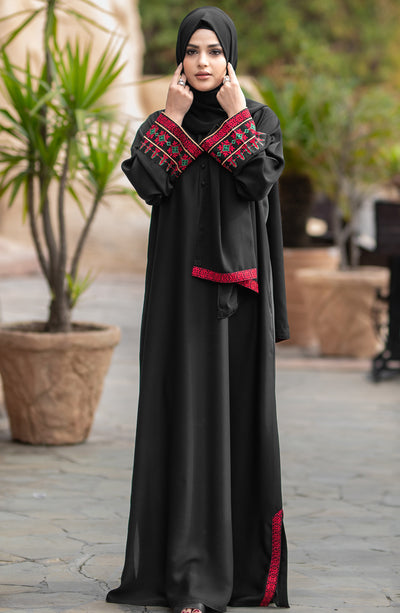 black noir abaya with red embroidery on sleeves