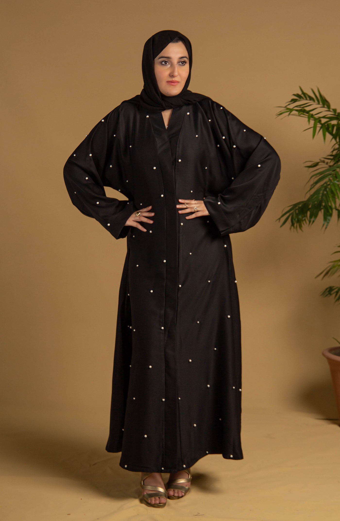 pearl black front open abaya