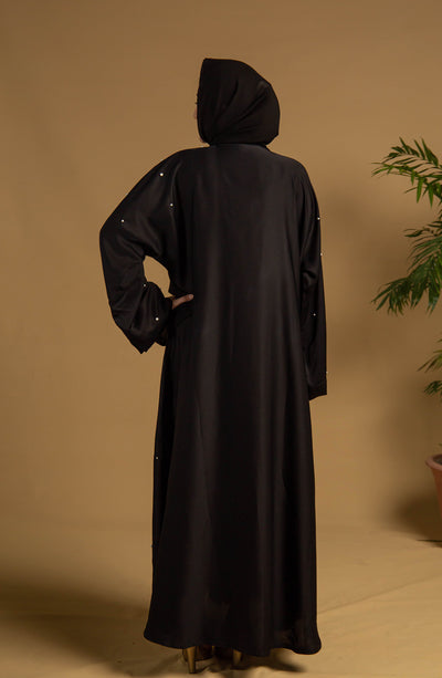 black front open abaya from back side