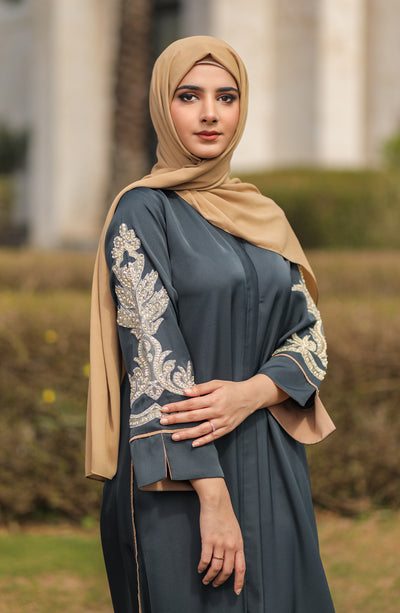 bluish grey embroidered abaya