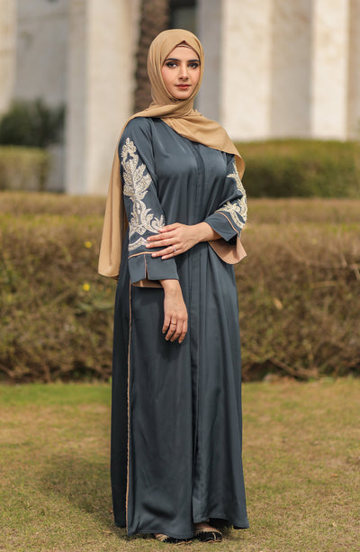 bluish grey abaya with embroidered sleeves