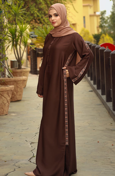 brown embroidered abaya for women