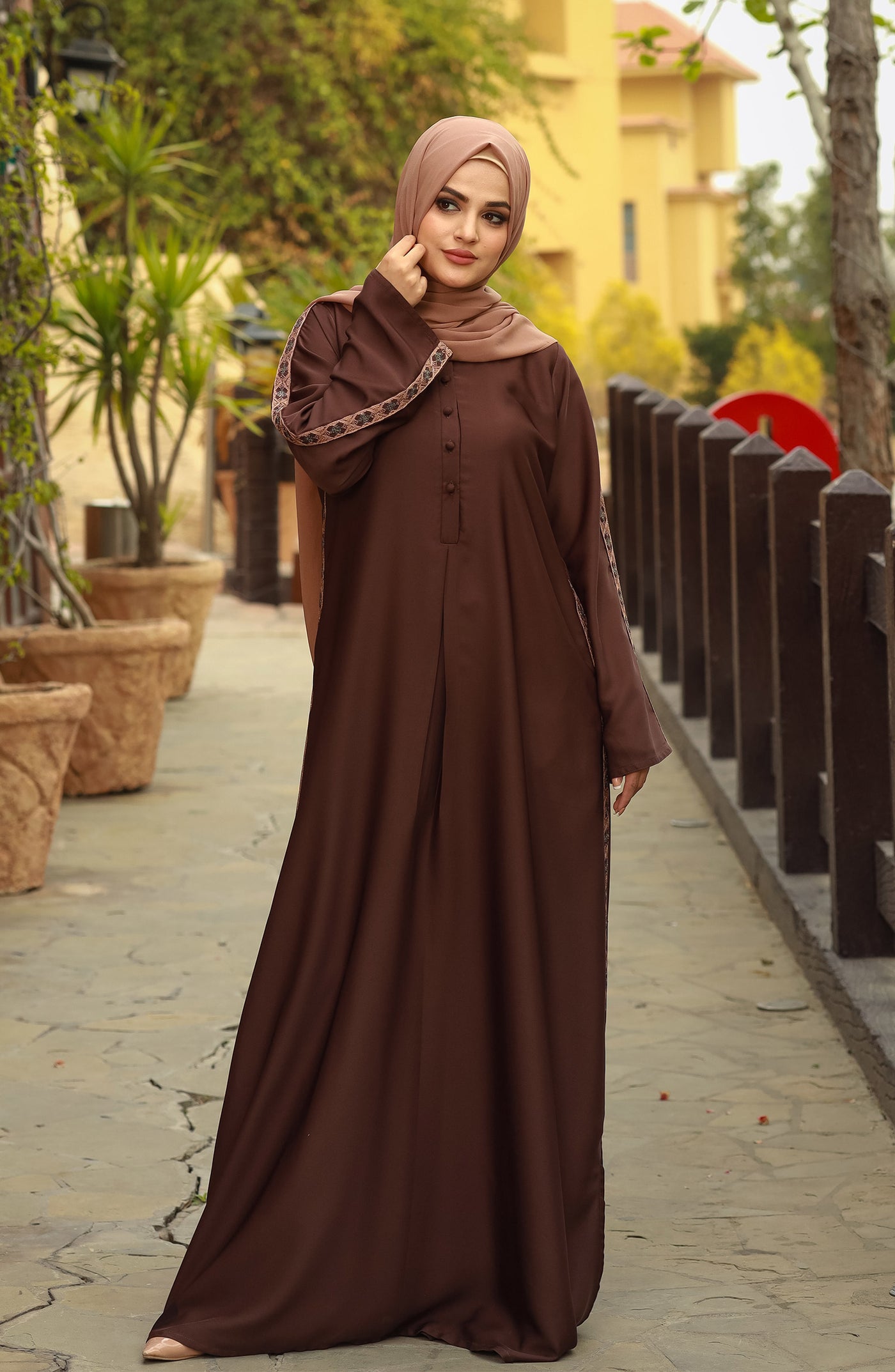 embroidered brown abaya with buttons collar