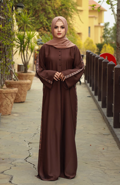 brown embroidered abaya with front closed design