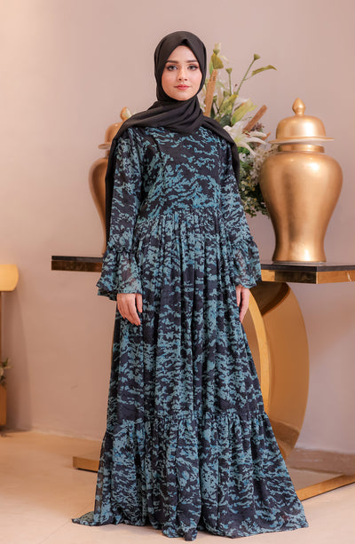 olivia navy blue printed long maxi dress in chiffon fabric
