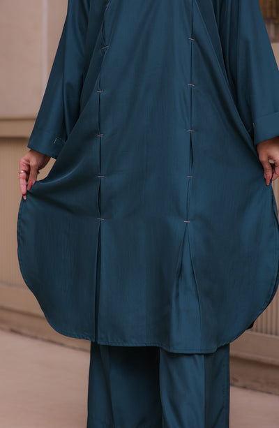 teal green co ords with round hemline