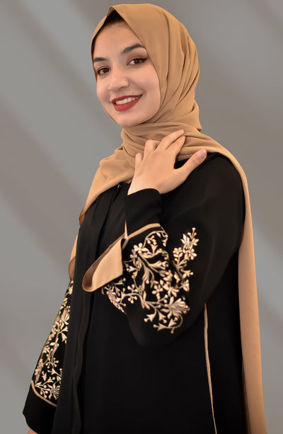 caramel embroidered sleeves black abaya