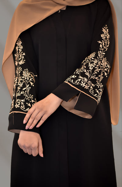 caramel embroidered abaya in black color