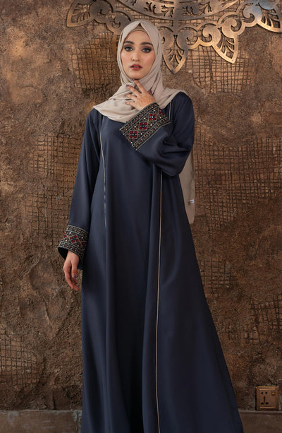 charcoal grey abaya with embroidered sleeves