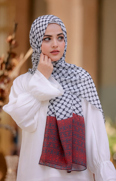 red & white palestine hijab in black patterns