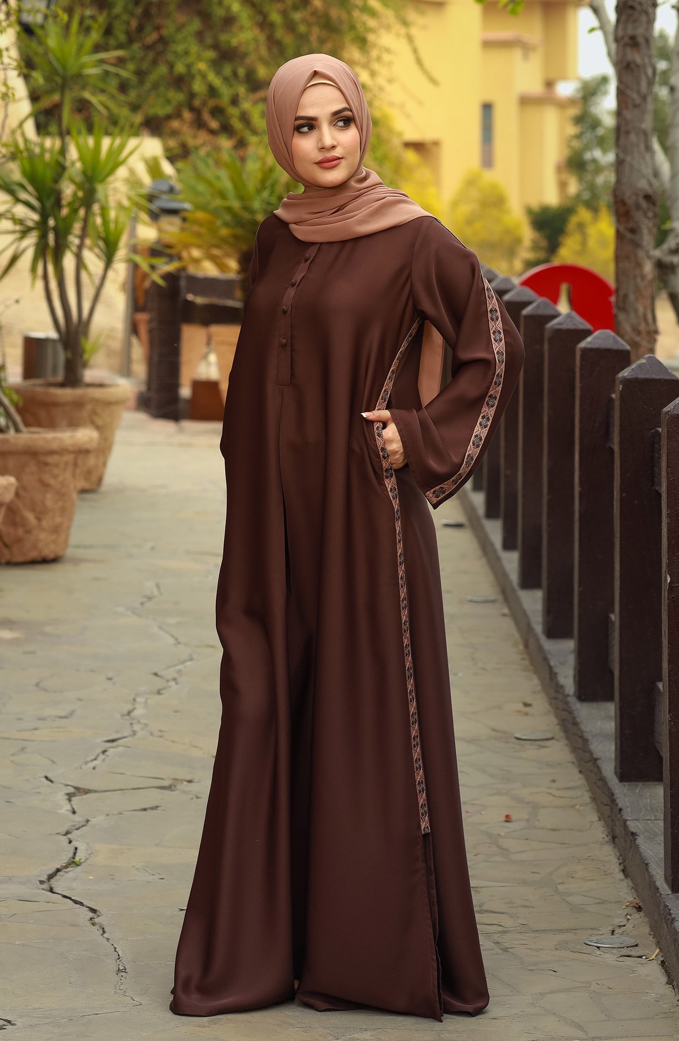 embroidered abaya in brown color