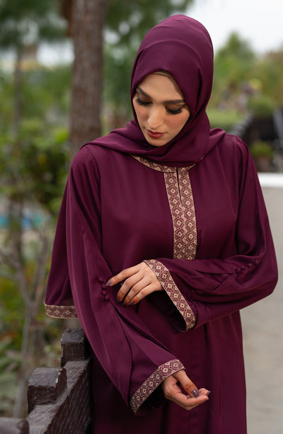 embroidered abaya in plum colour