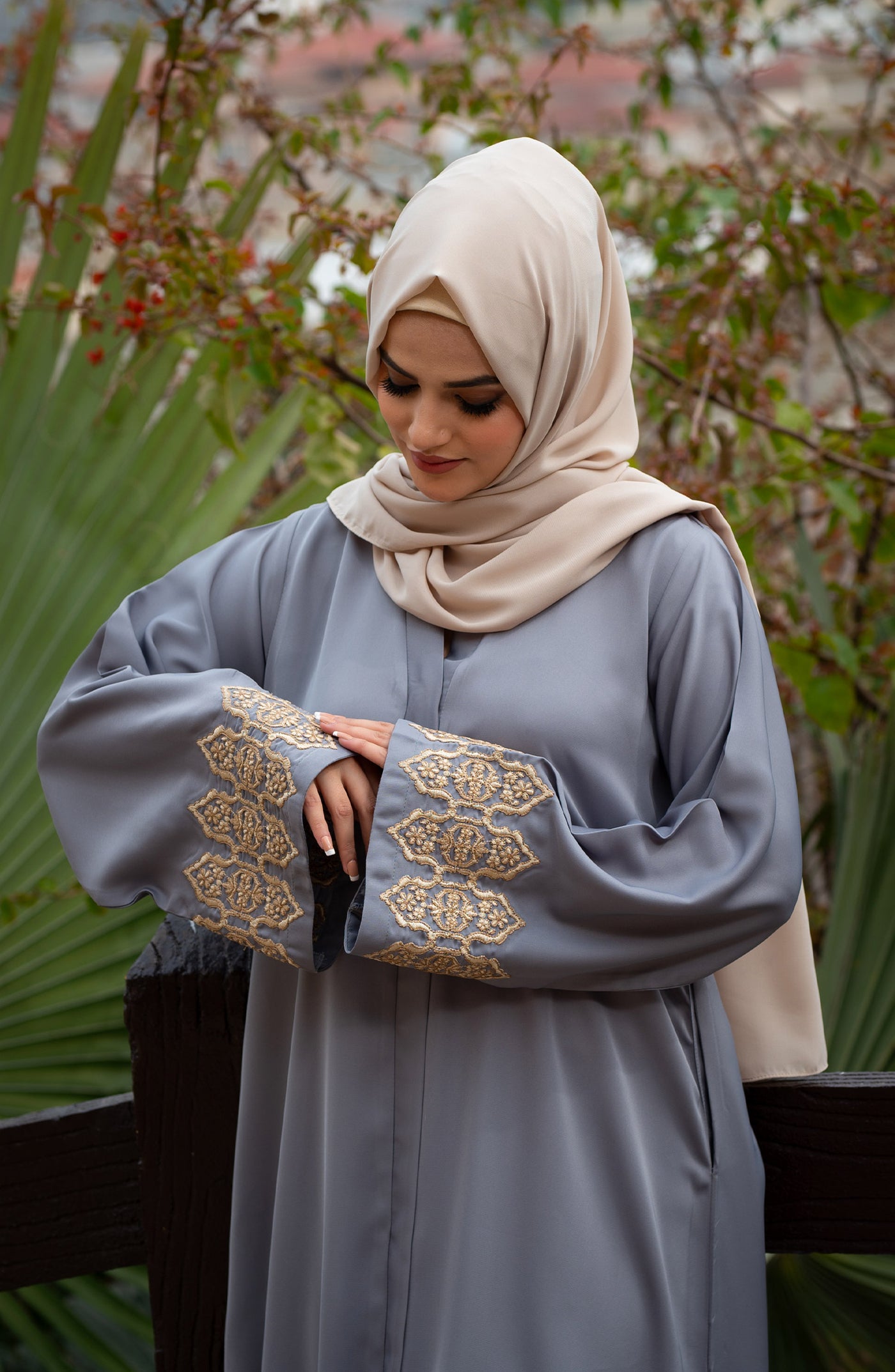 embroidered abaya in sage green color
